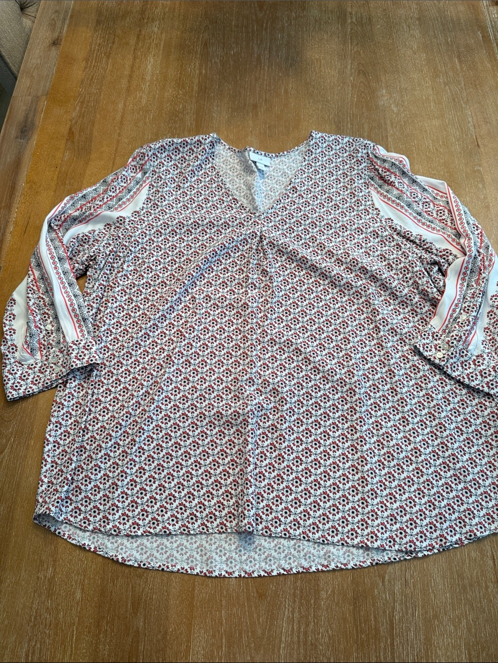 J. Jill Red and Cream Printed V-Neck Tunic